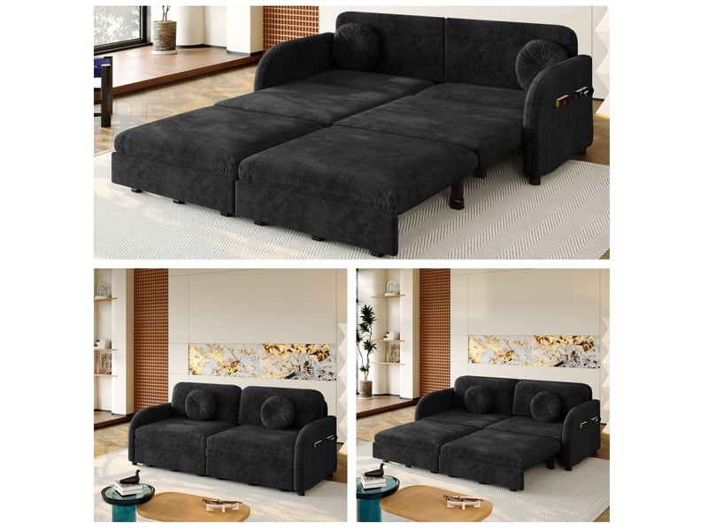 Canapé droit convertible 2 places 3-en-1 en velours côtelé noir avec poches latérales, idéal pour petits espaces  - Conforama B