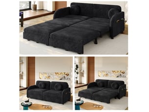 Canapé droit convertible 2 places 3-en-1 en velours côtelé noir avec poches latérales, idéal pour petits espaces