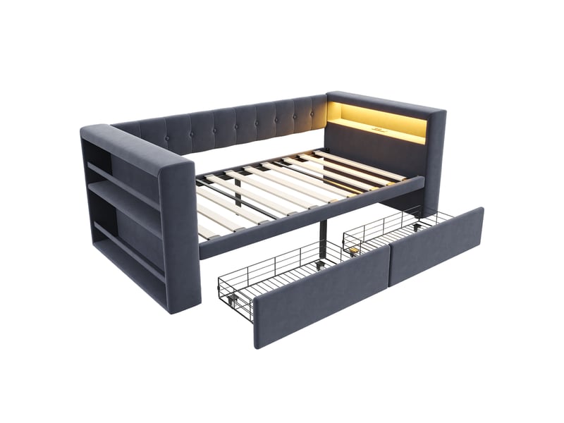  Canapé-lit 90x190 cm avec 2 tiroirs - rangement intégré - led multicolore - prise électrique - gris foncé  - Conforama W