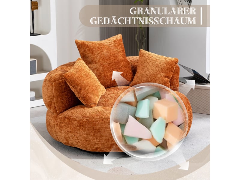  Fauteuil rond en chenille orange, 3 coussins, assise en mousse et dossier enveloppant, sans montage, pour salon et chambre  - Conforama E