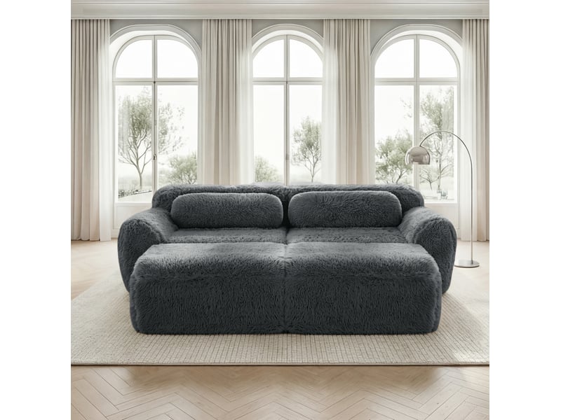  Canapé modulaire 2 places avec fonction couchage, 2 poufs, sans montage, en tissu pelucheux gris, 204 × 179 × 73 cm  - Conforama C