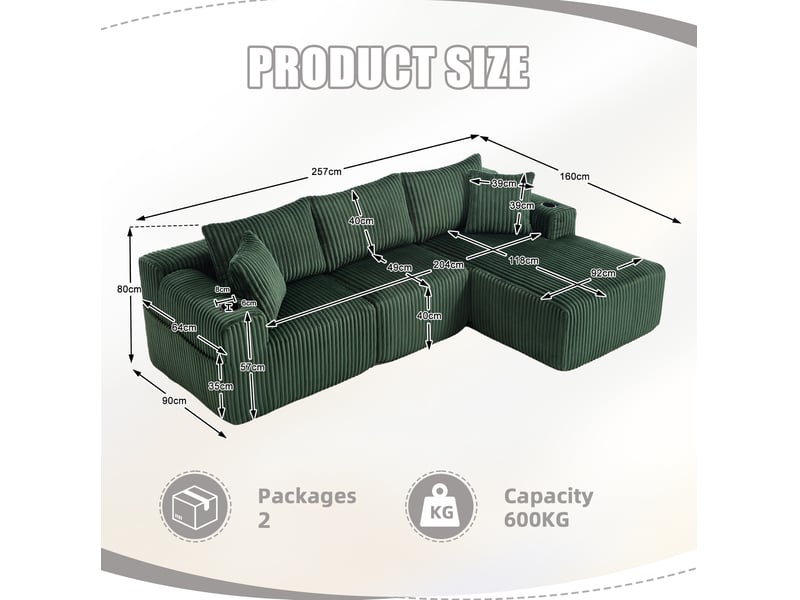  Canapé modulable modenvie 3 places avec méridienne vert émeraude velours côtelé 257 x 160 x 80 cm  - Conforama C