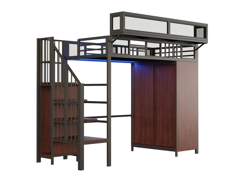  Lit mezzanine enfant 90x200 cm – noir – armoire, rangements, led et échelle sécurisée - sans matelas  - Conforama D
