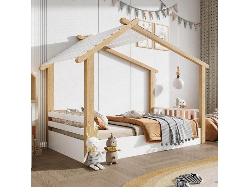 Lit enfant 90 x 200 cm, lit cabane en bois maison, sommier à lattes stable, design simple et moderne, blanc naturel - Conforama C