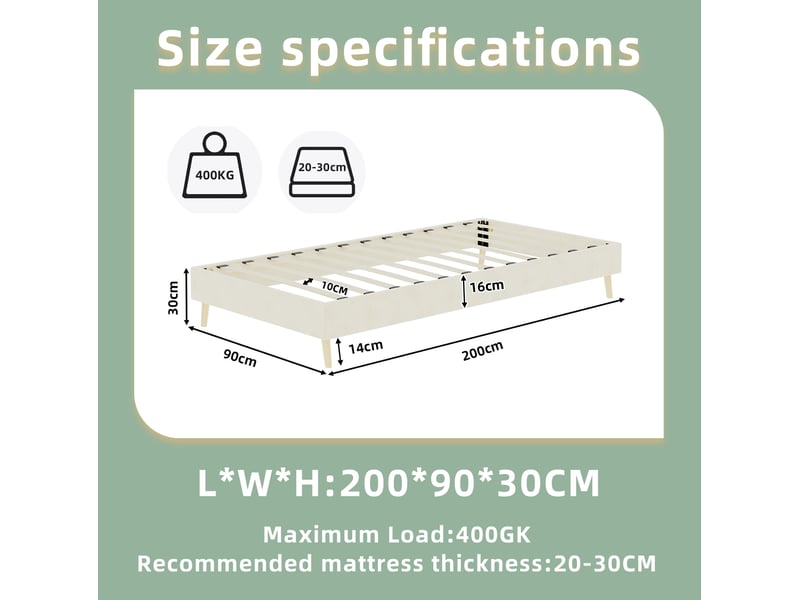 Cadre de lit 1 place 90x200 cm beige en tissu et métal, style moderne  - Conforama C
