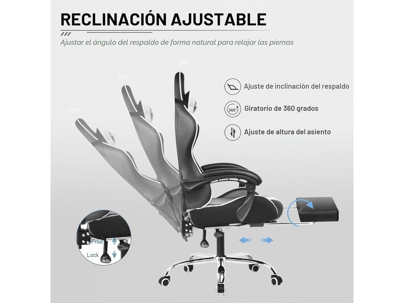  Gtplayer chaise de jeu ergonomique avec massage lombaire et repose-pieds - similicuir blanc GT800A-WT - Conforama B