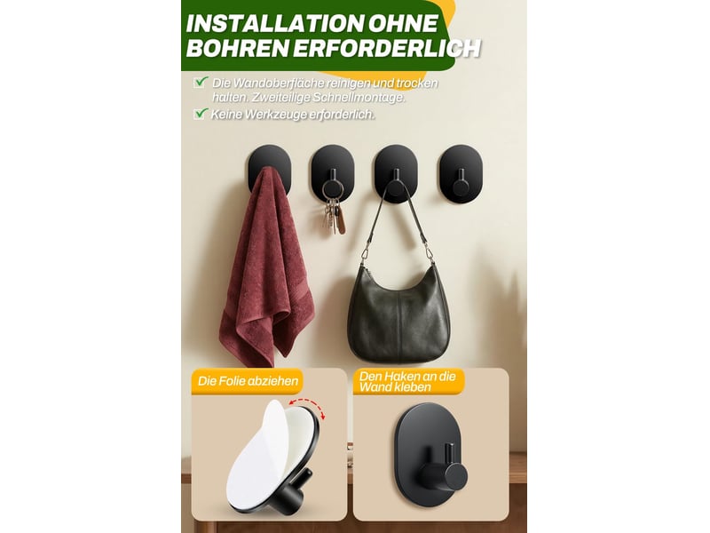  Lot de 6 porte-serviettes sans perçage en acier inoxydable - crochets autocollants puissants améliorés pour salle de bain, toilettes(noir  - Conforama C