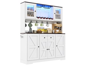 Buffet de cuisine haut 140x40x173 cm blanc avec led rgb, 2 prises + 2 usb, casier à vin et porte-verres