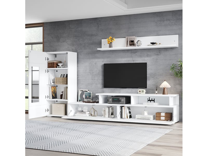  Meuble tv mural avec vitrine et étagère, 3 portes, éclairage led et rangement pour salon aux façades blanches brillantes  - Conforama B
