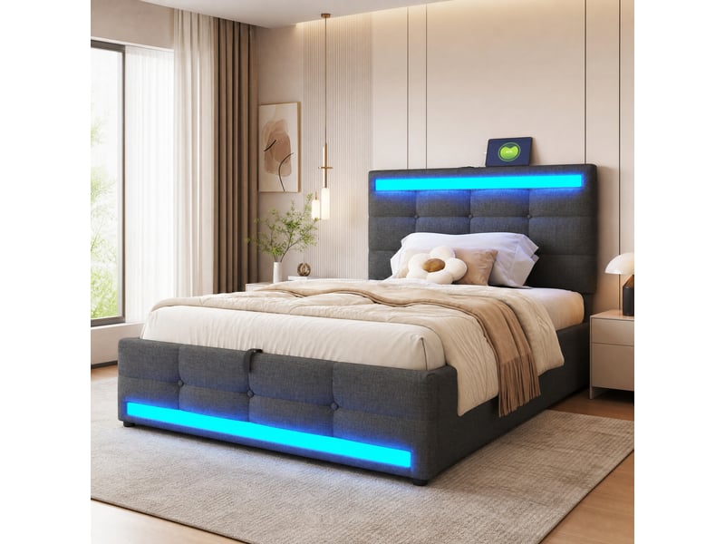  Lit coffre 90x200 cm, en mdf, éclairage led rgb, usb et tête de lit réglable, gris, sans matelas  - Conforama B
