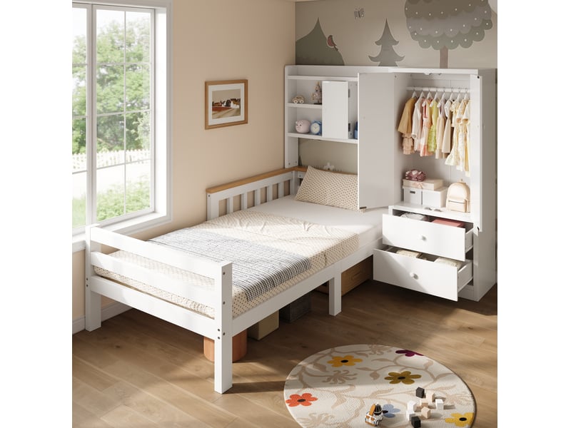  Lit combiné enfant modenvie 90 x 200 cm avec armoire, tiroirs et étagères ouvertes, blanc  - Conforama D