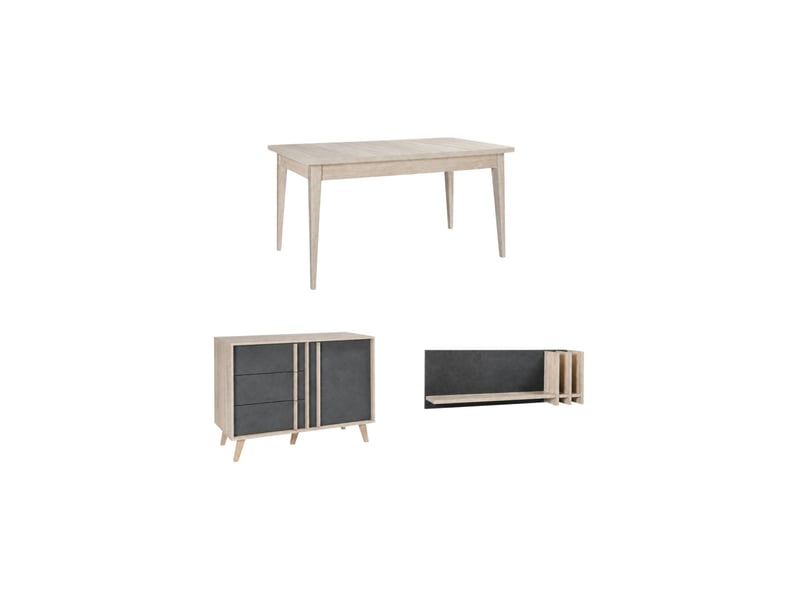  Salle à manger complète malmo avec table 160 cm, buffet haut et étagère murale – chêne clair et gris  - Conforama A