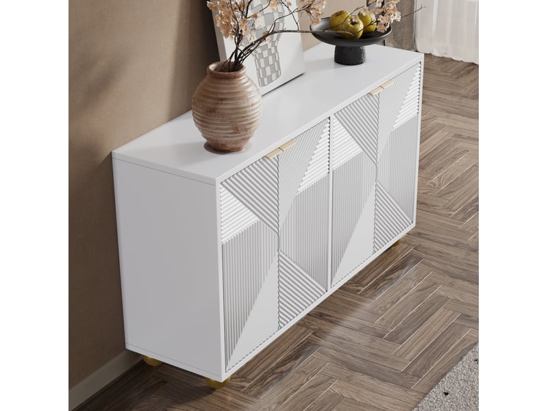  Buffet bas 120x35x71,5 cm blanc mdf, 4 portes gravées, étagères réglables, poignées métal pour rangement  - Conforama B