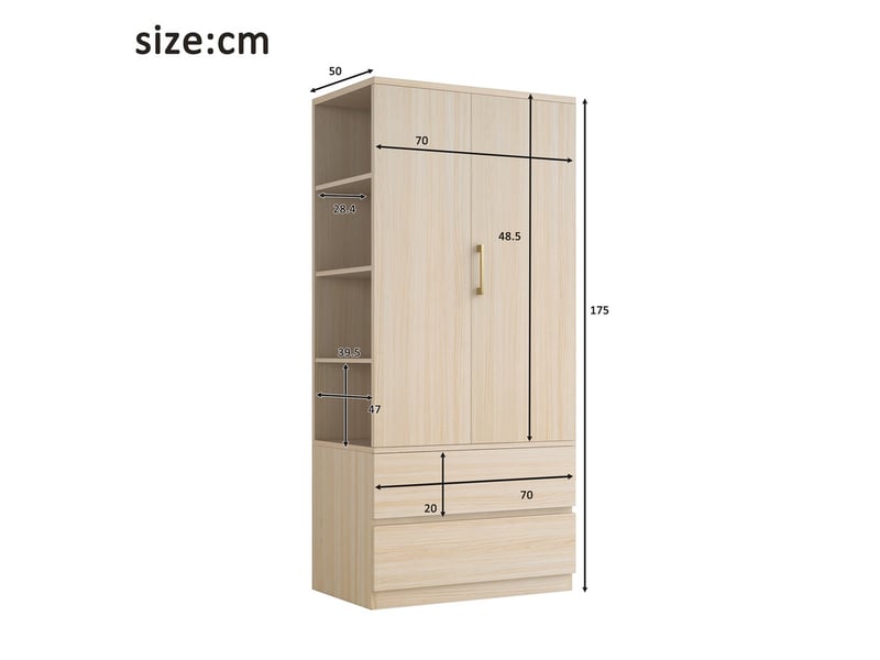 Armoire multifonction avec penderie, grand tiroir 2 niveaux, étagères ouvertes, 1 porte, 70x50x175cm, bois - Conforama C