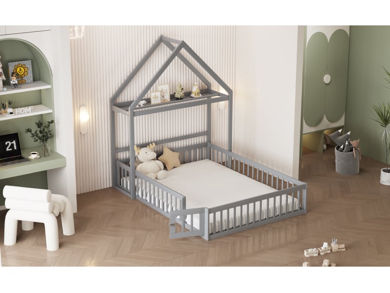  Lit double 140 x 200 cm avec barrières de sécurité et portes, cadre de lit enfant en bois massif, lit 2 personnes, gris  - Conforama W