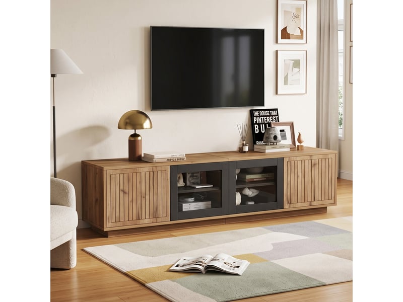 Meuble tv effet bois naturel & noir et vitrine avec led 4 portes - Conforama B