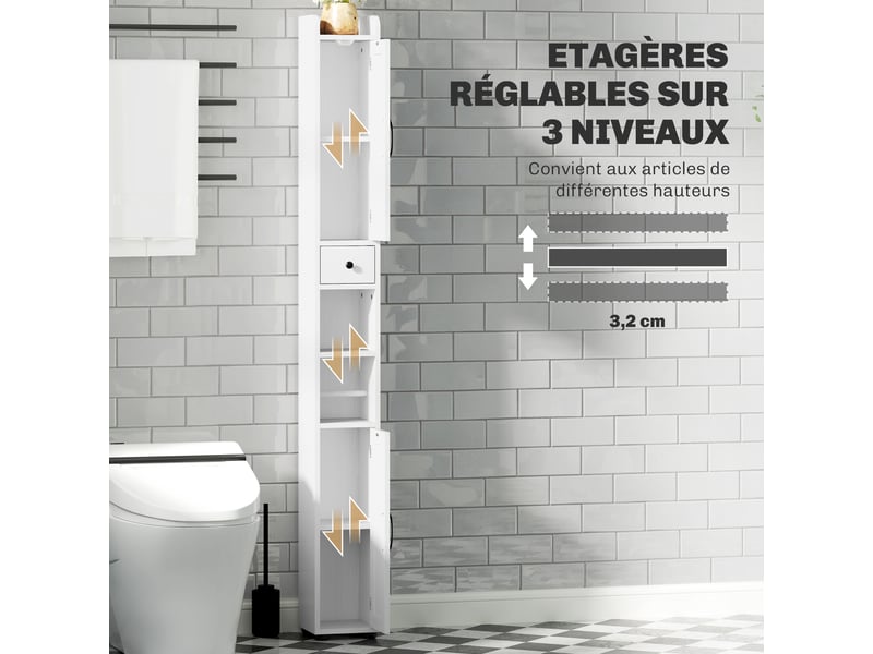  Armoire salle de bain haute, meuble de rangement colonne, 2 portes, tiroir, étagères réglables, blanc, 20x20x185cm  - Conforama E