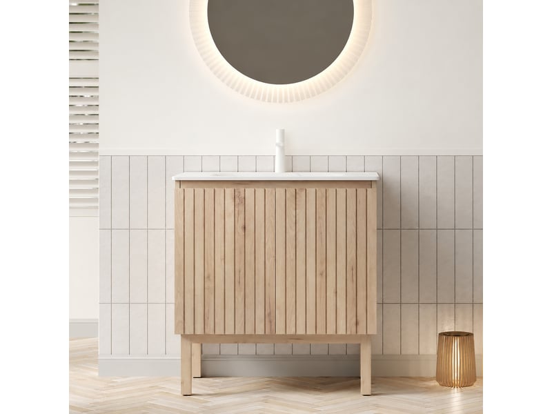  Meuble vasque sur pied 80 cm avec vasque intégrée en pierre frittée effet carrare, finition chêne blanc  - Conforama C