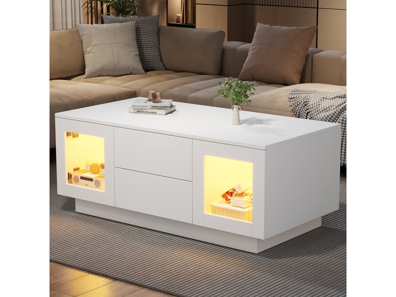 Table basse 100x50x40 cm avec led rgb via appli, 2 tiroirs, 2 portes vitrées, fermeture douce, finition blanc brillant, mdf, pour salon - Conforama C