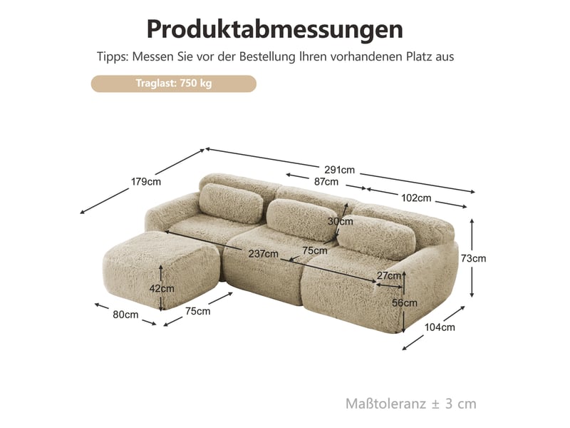 Canapé modulaire en l 291x179x73 cm 3 places sans montage avec coussins sans cadre kaki clair - Conforama E