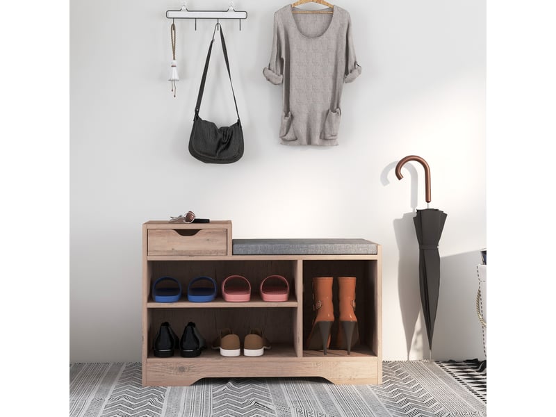  Banc à chaussures 1 tiroir et 3 compartiments, avec coussin rembourrée capacité 5 paires, 76,5 x 30 x 52 cm gris  - Conforama C