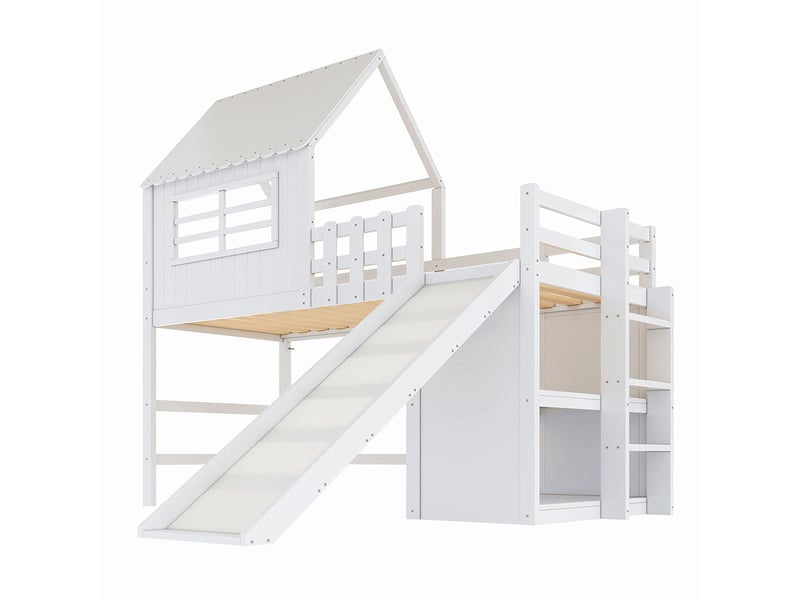 Lit mezzanine enfant 90x200 cm style grenier avec échelle et toboggan sécurité compartiments rangement multiples multifonctionnel bois massif blanc  - Conforama B
