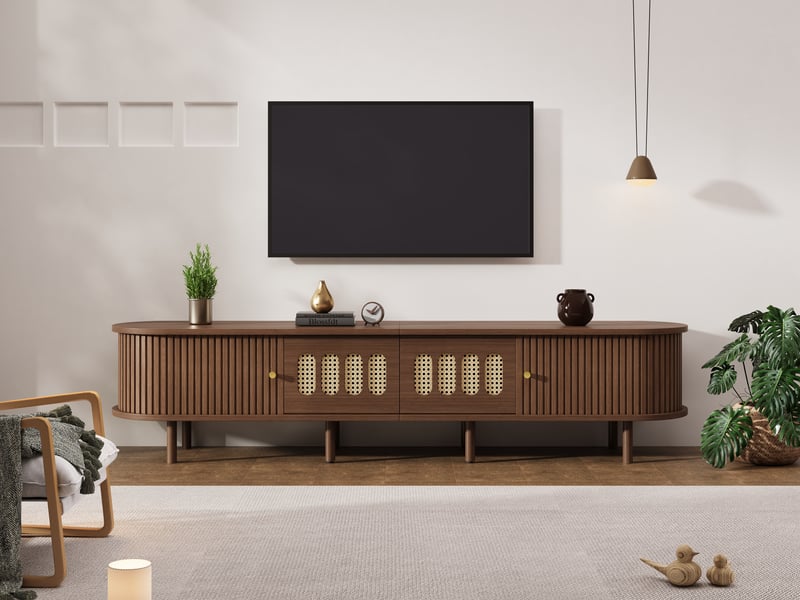  Meuble tv 180 cm couleur noyer, 2 tiroirs effet cannage, 2 portes à rideau, mdf, jusqu’à 80 pouces  - Conforama C