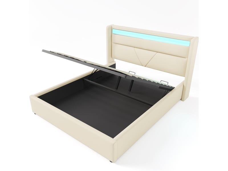 Lit coffre 160x200 cm en pu blanc avec led, style fonctionnel, 3 colis, idéal pour votre chambre - Conforama A