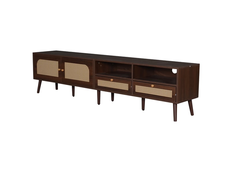  Meuble tv modenvie 200 x 37 x 49,5 cm avec 2 portes en rotin et 2 tiroirs marron foncé  - Conforama A