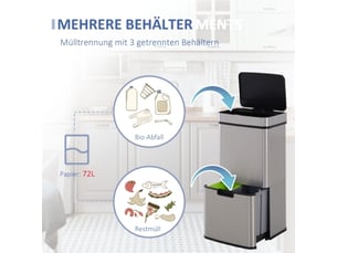 Poubelle automatique 47+2x12,5 l en inox, capteur de mouvement, tri sélectif, argentée