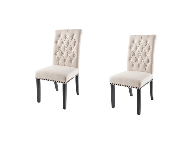  Lot de 2 chaises chesterfield regina beige en velours capitonné – clous noirs et pieds en bois d'hévéa foncé  - Conforama A