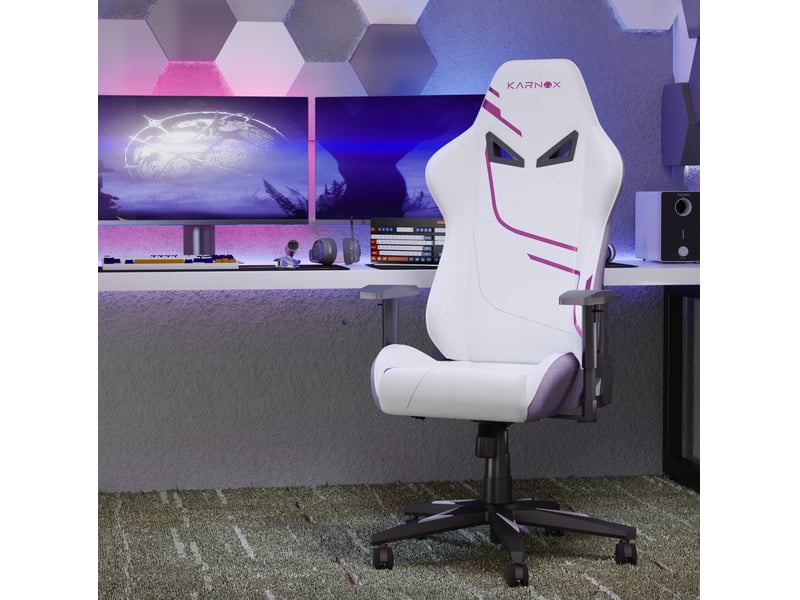  Chaise de bureau gaming 54,5x50x132 cm blanche et violette en tissu, dossier inclinable et accoudoirs réglables  - Conforama B