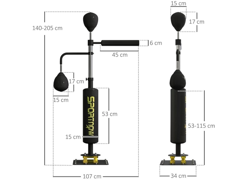 Station de boxe 107 x 36 x 140-205 cm – noire – hauteur réglable, 2 speedballs, barre de réaction rotative - Conforama B
