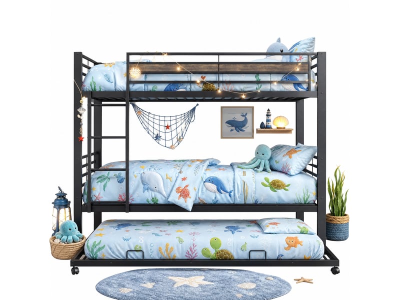 Lit superposé enfant 90x200 cm en métal noir avec lit gigogne et échelle - Conforama A