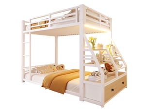 Lit superposé 2x90x200 cm, avec 2 tiroirs en tissu, éclairage led, étagères, échelle et garde-corps, métal blanc