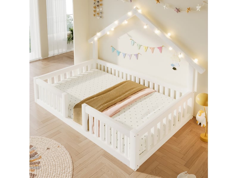  Lit maison, 90x200 cm, lit maison, avec barrière de sécurité, lit au sol, led, matelas non inclus, bois, coloris blanc  - Conforama E