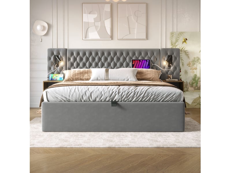  Lit coffre 160x200 cm, doté de matelas, velours, gris, usb et type c, lampe de lecture, doté de 2 tables de nuit  - Conforama E