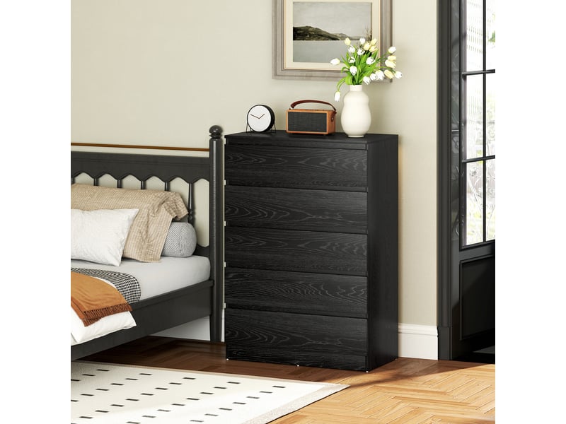  Commode 5 tiroirs pour chambre, salon ou bureau, style moderne, 77 x 40 x 111,5 cm, aspect bois noir.  - Conforama D