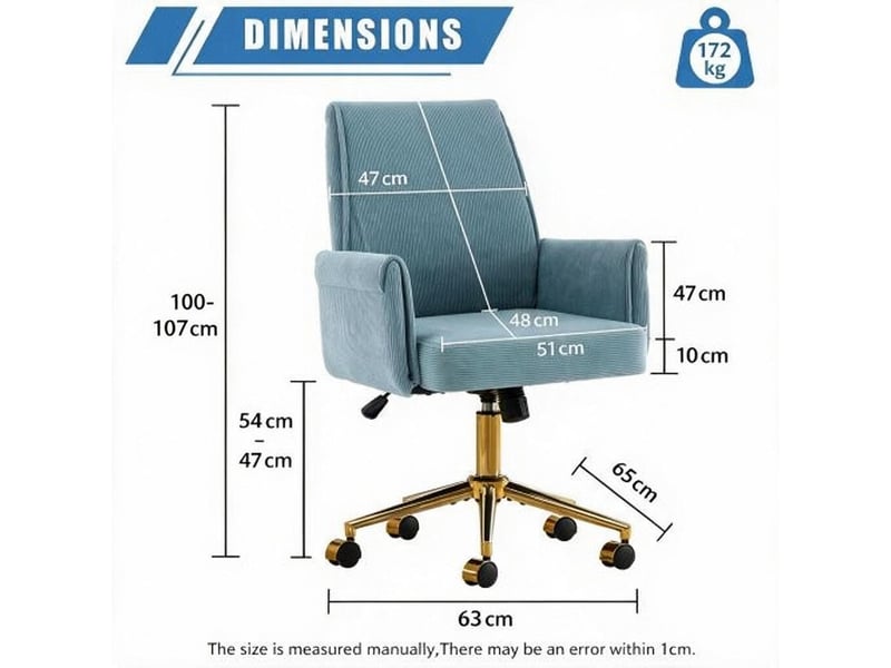  Chaise de bureau pivotante réglable en velours côtelé bleu 65 x 63 x 107 cm W3495P518018 - Conforama C