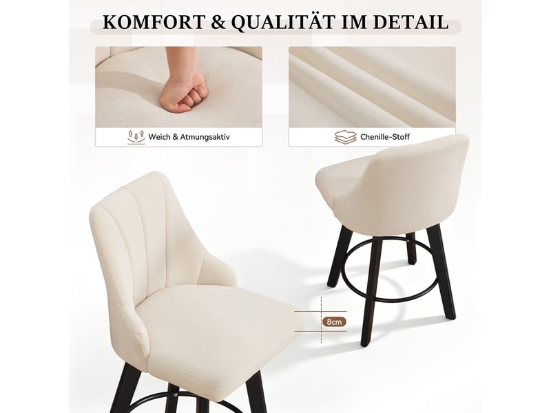  Lot de 2 tabourets de bar pivotants 53x53.5x94.5cm - avec dossier et repose-pédales en métal - tissu chenille - beige  - Conforama D