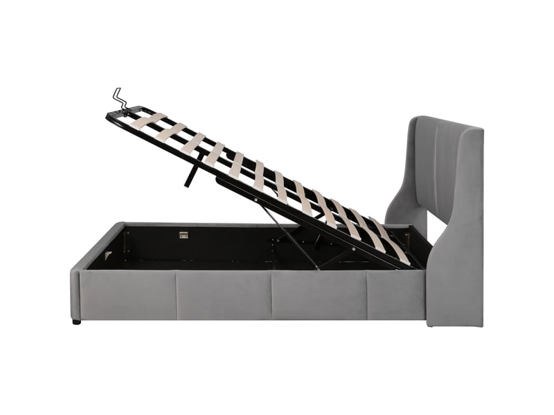  Lit rembourré, tête de lit en forme d'oreille avec coussin, lit double, lit fonctionnel hydraulique, 140 x 200 cm, gris  - Conforama E