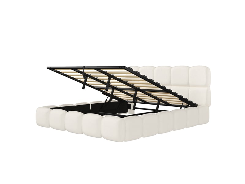 Lit double 200x200 cm bouclette blanc avec coffre hydraulique et tête rembourrée - Conforama D