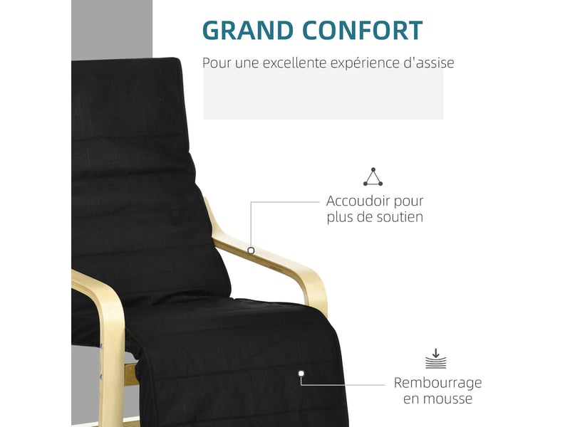  Fauteuil relax avec repose-pied réglable en bois massif noir 94x66,5x100 cm  - Conforama E