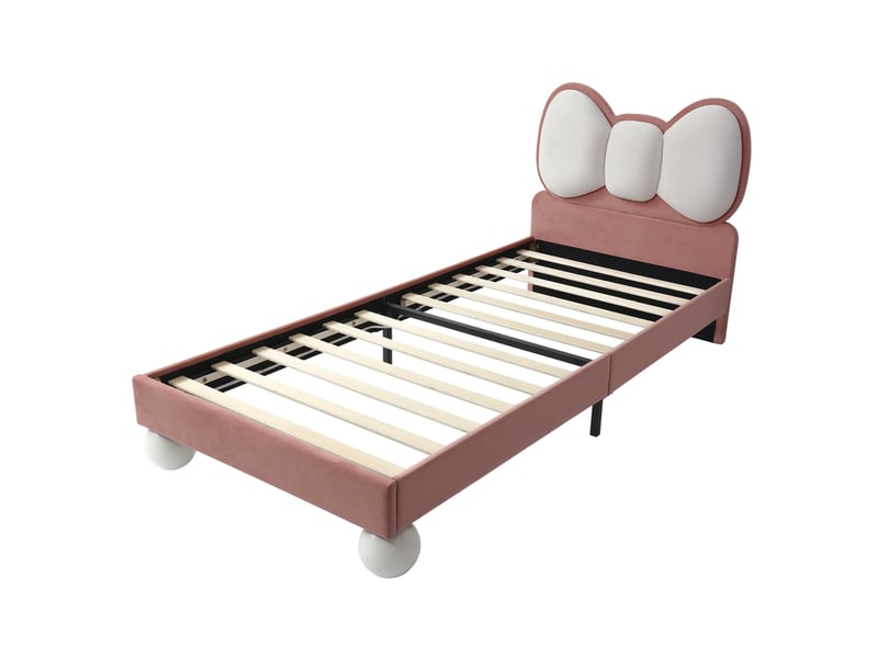  Lit enfant rembourré 90x200 cm, tête de lit papillon, led réglable sous lit, sommier à lattes, sans matelas, velours beige rose  - Conforama W