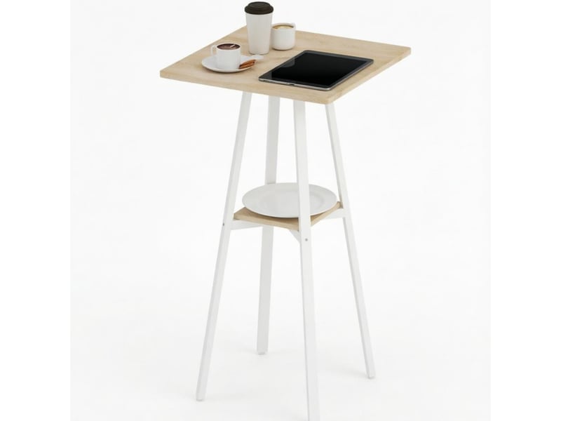  Table haute de bar carrée 55x55x95 cm – naturel et blanc – étagère basse pour 2 personnes et pieds réglables  - Conforama A