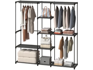 Armoire 182 x 43 x 185 cm, armoire ouverte avec 8 étagères en tissu, tringles à vêtements, structure en métal noir