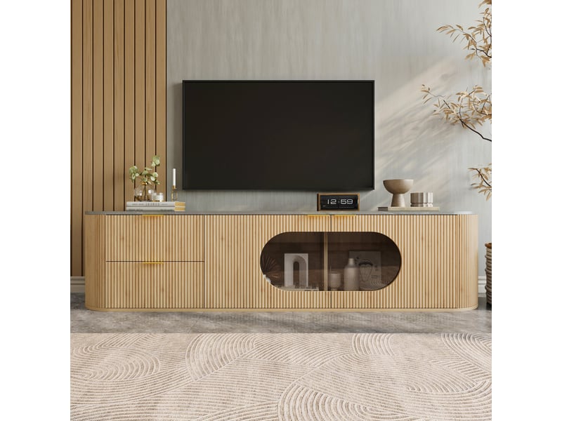 Meuble tv moderne minimaliste avec rangements et vitrine ovale, 172x38x45,5 cm, mdf, aspect bois naturel. - Conforama B