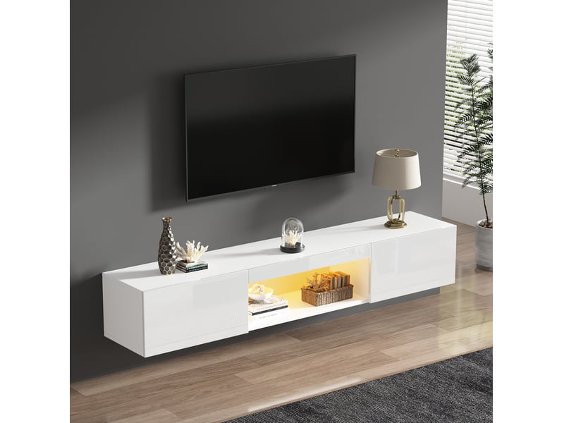  Meuble tv mural modenvie blanc brillant 160 x 31 x 22 cm avec led bluetooth  - Conforama E