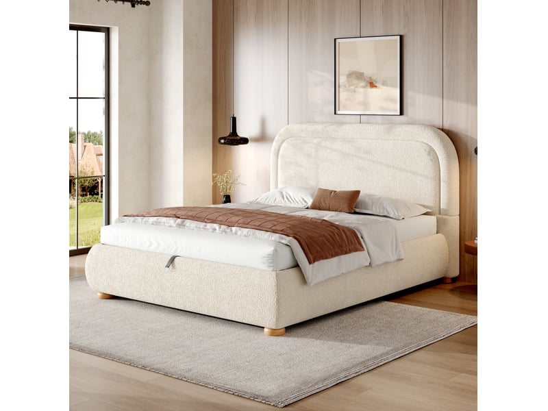  Lit double coffre 140 x 190 cm beige en tissu bouclé avec sommier à lattes  - Conforama D