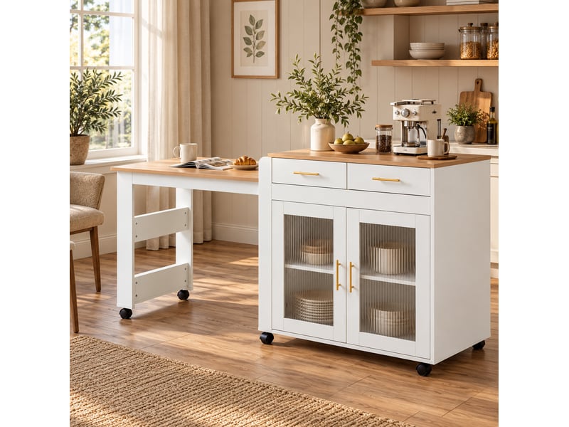  Îlot de cuisine extensible avec rangement et prises usb 177x60x89,5 cm blanc  - Conforama B
